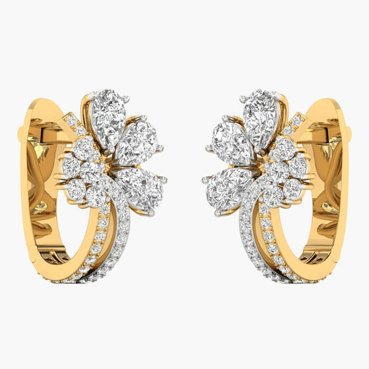 Gold hoop earrings with diamond accents on a white background