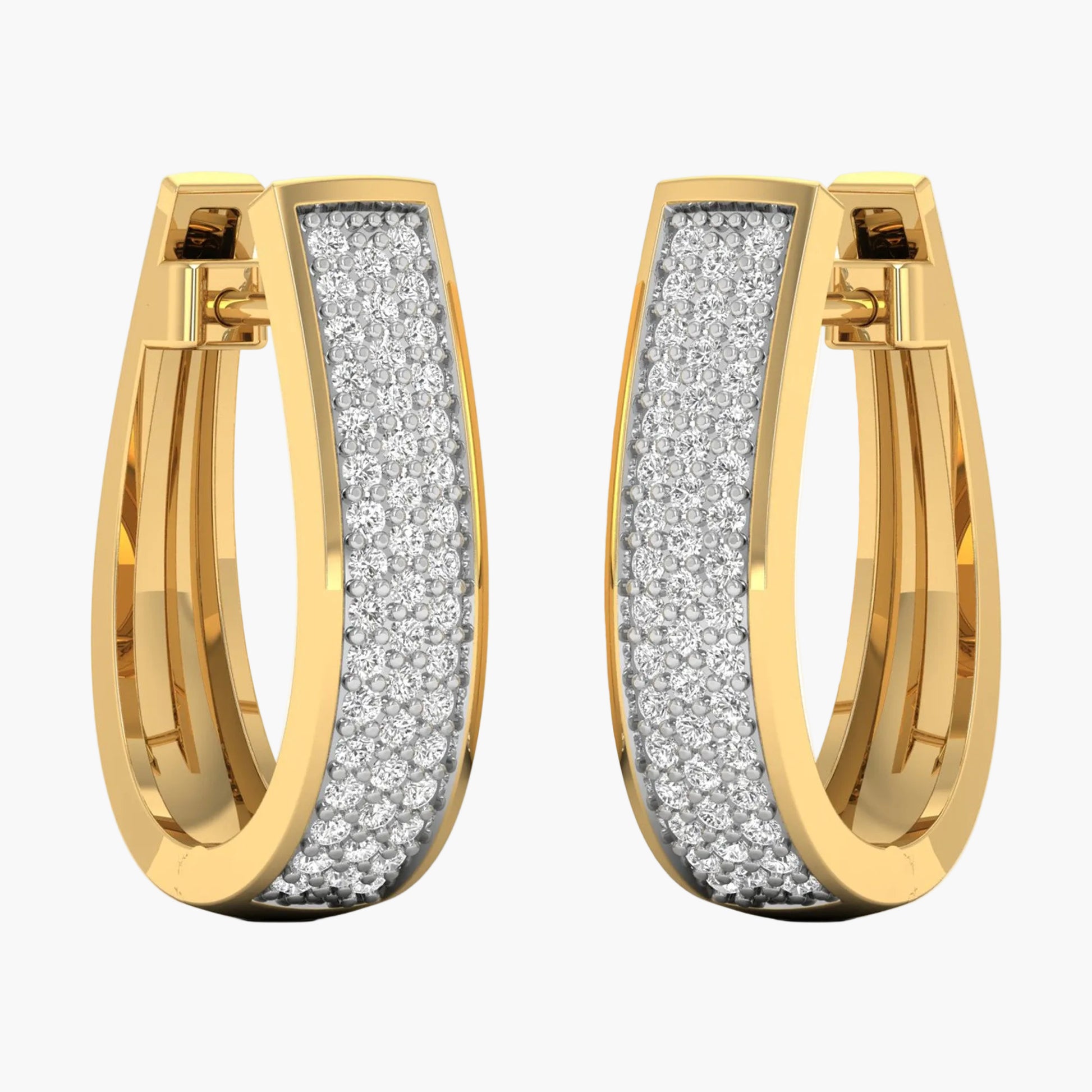 Gold hoop earrings with diamond accents on a white background