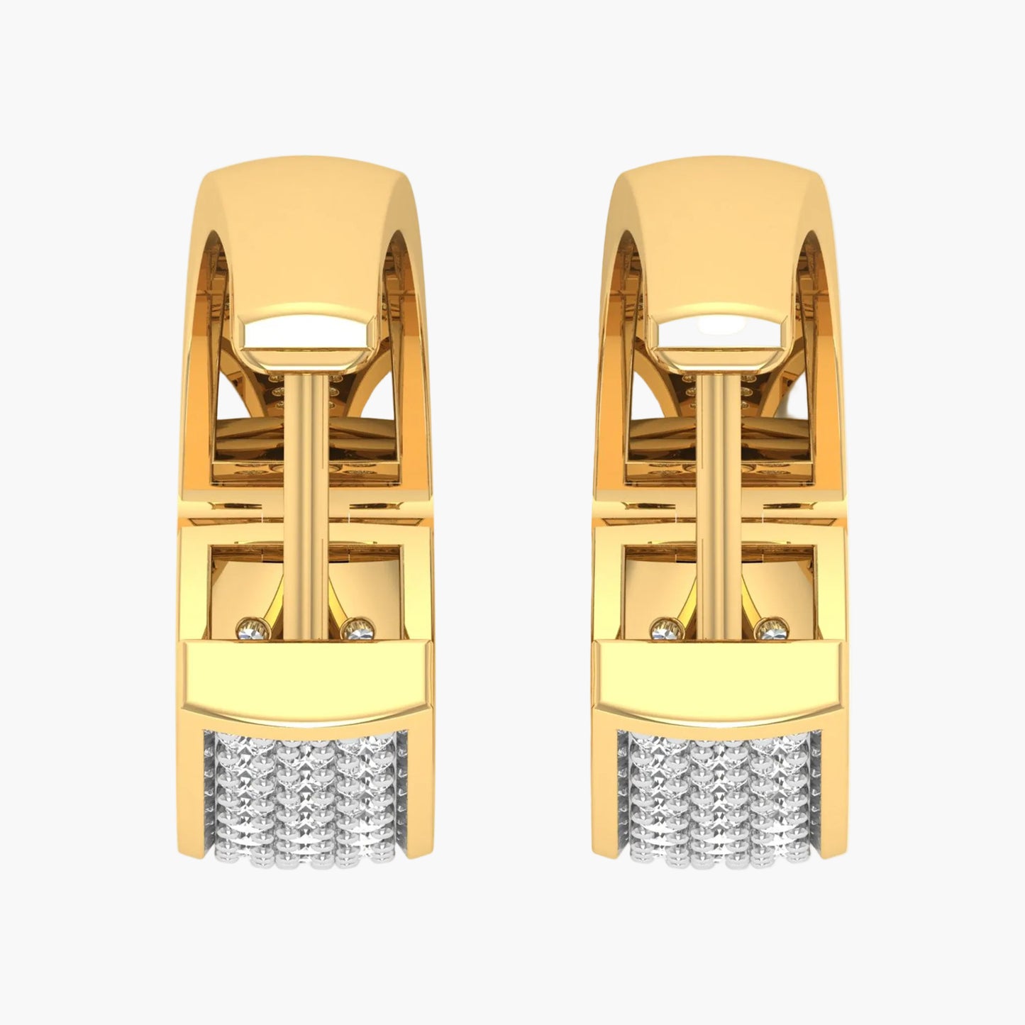 Gold earrings with crystal details on a white background