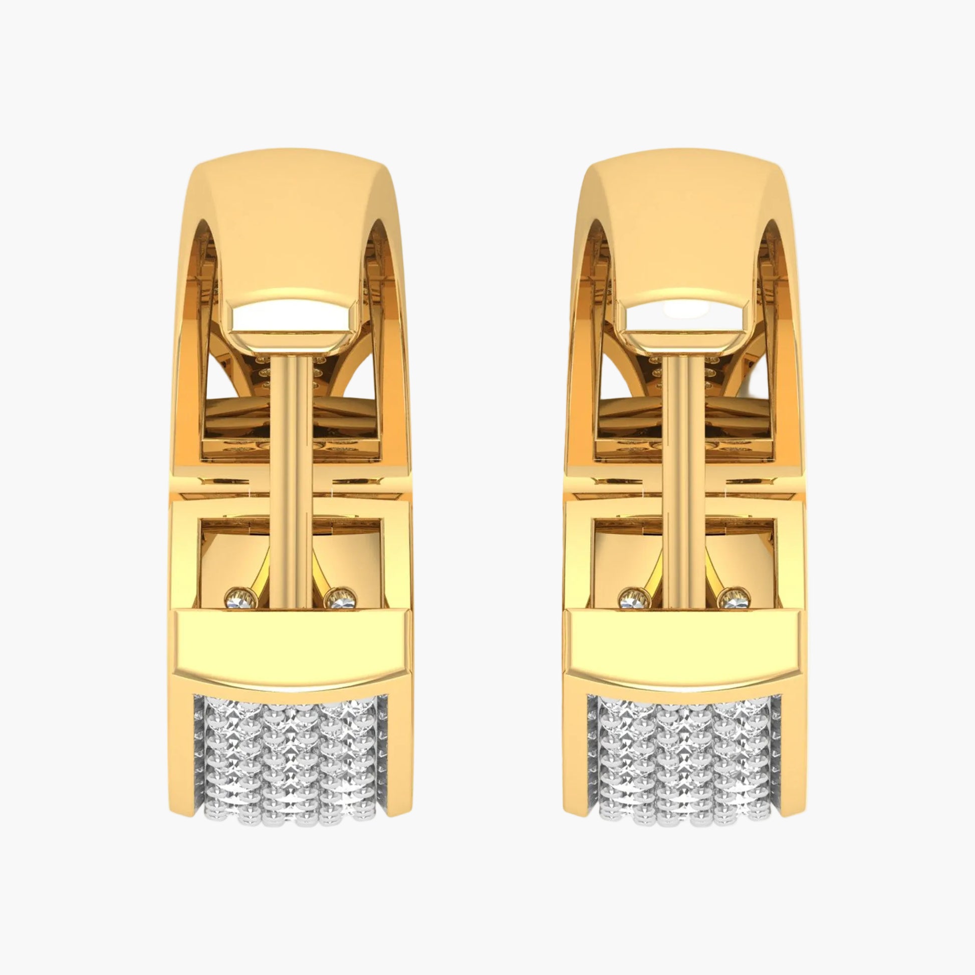 Gold earrings with crystal details on a white background
