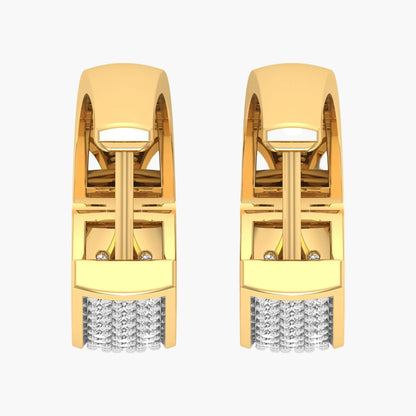 Gold earrings with crystal details on a white background