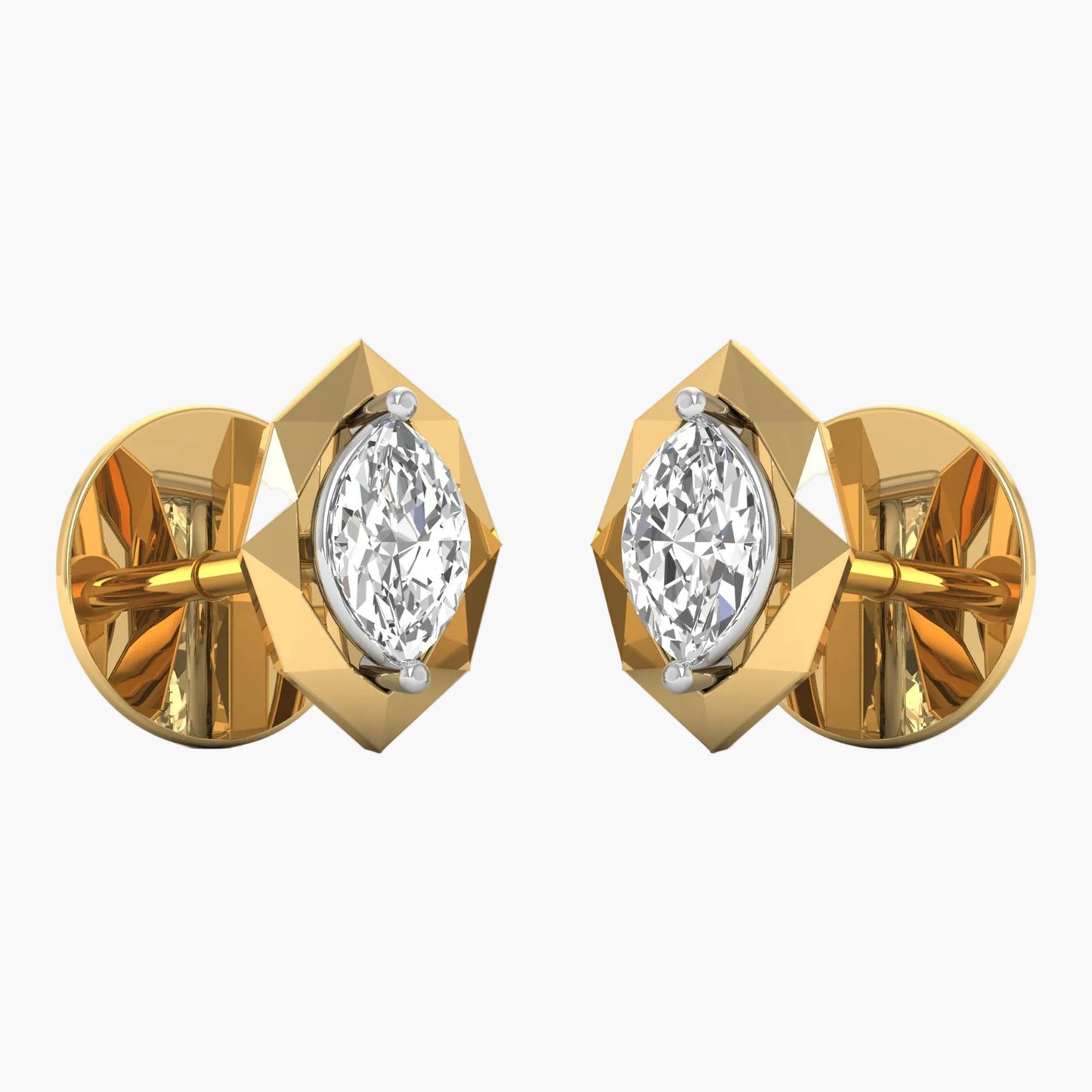 Gold earrings with clear gemstones on a white background