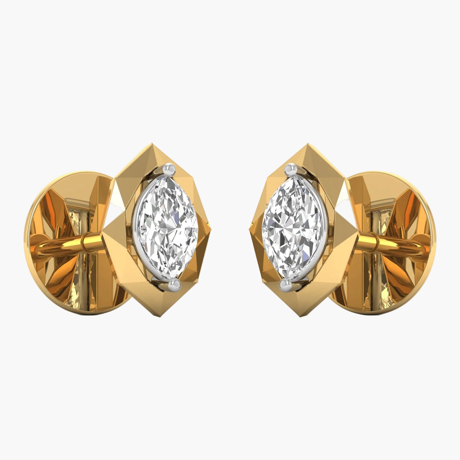 Gold earrings with clear gemstones on a white background
