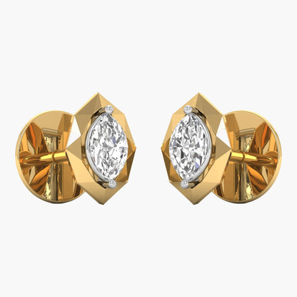 Gold earrings with clear gemstones on a white background
