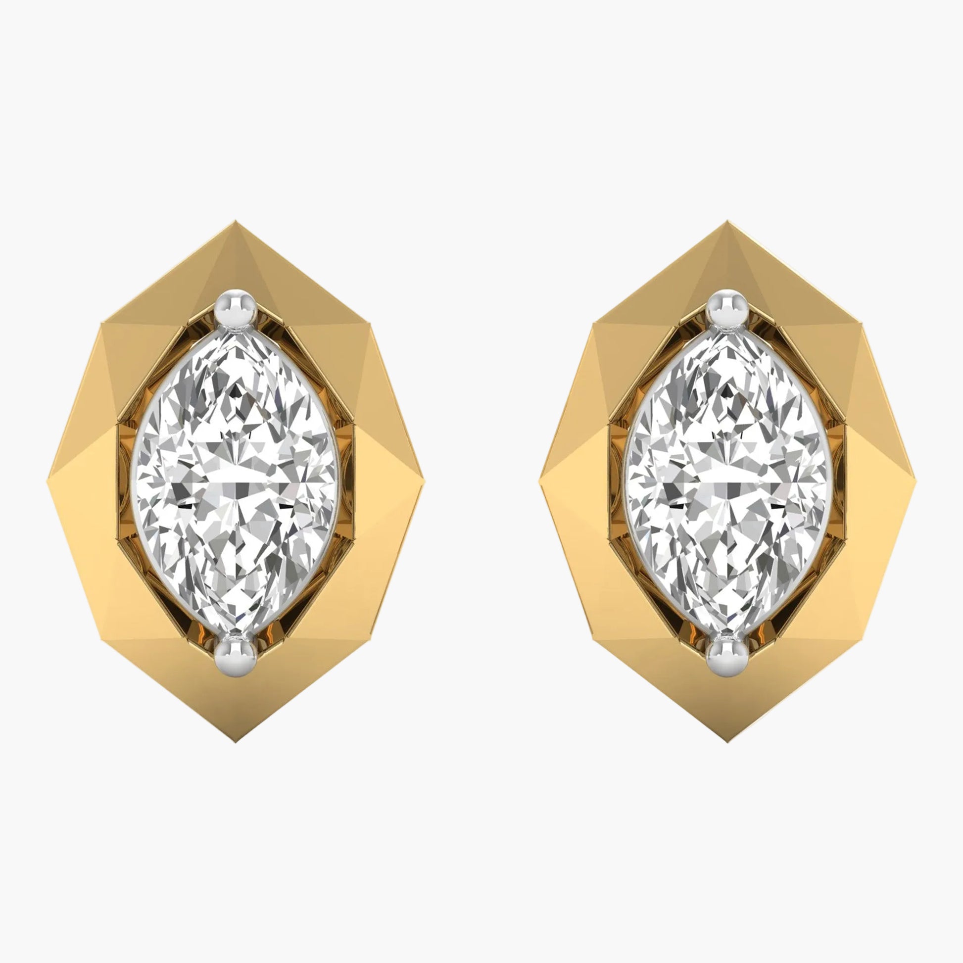 Gold earrings with clear gemstones on a white background