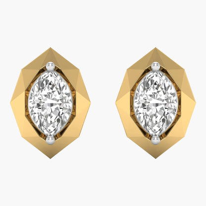 Gold earrings with clear gemstones on a white background