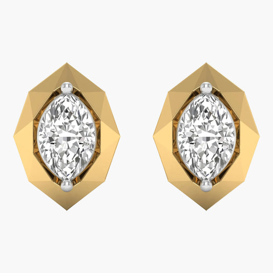 Gold earrings with clear gemstones on a white background