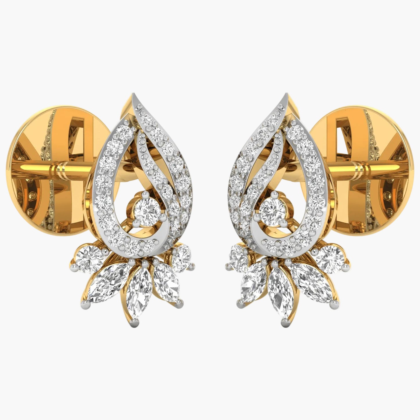 Gold and diamond earrings on a white background