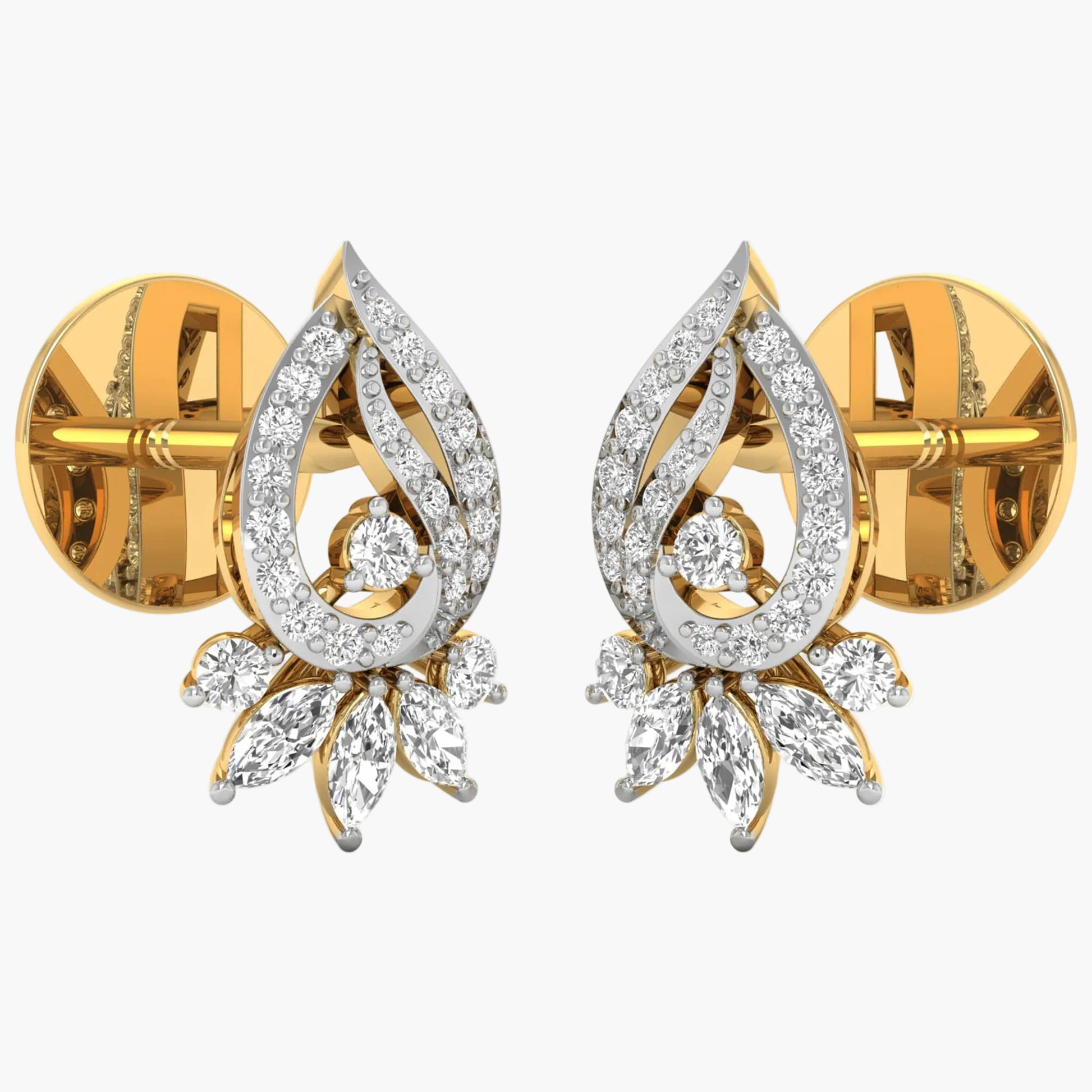 Gold and diamond earrings on a white background