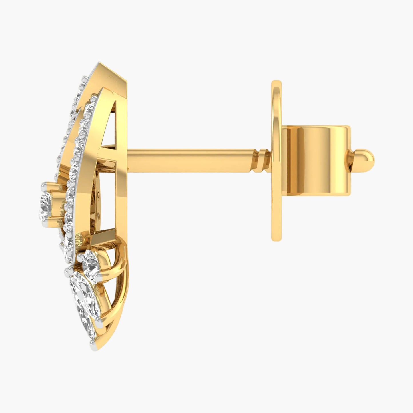 Gold earring with diamond accents on a white background