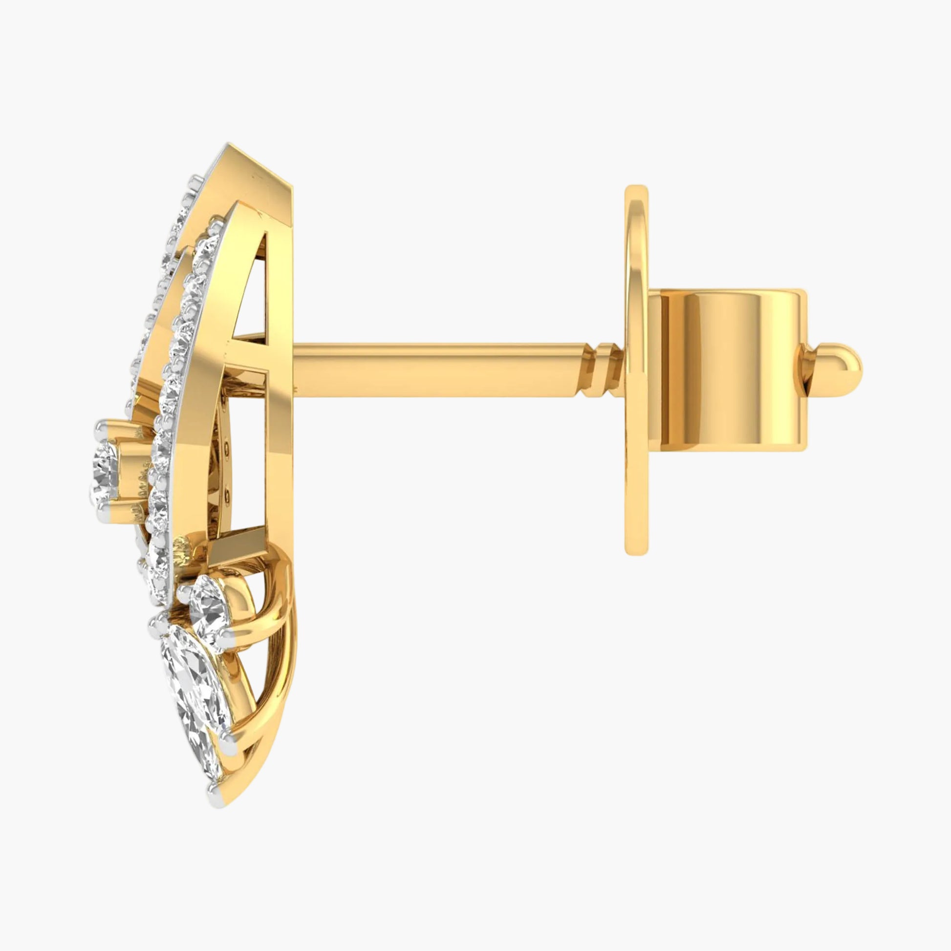 Gold earring with diamond accents on a white background
