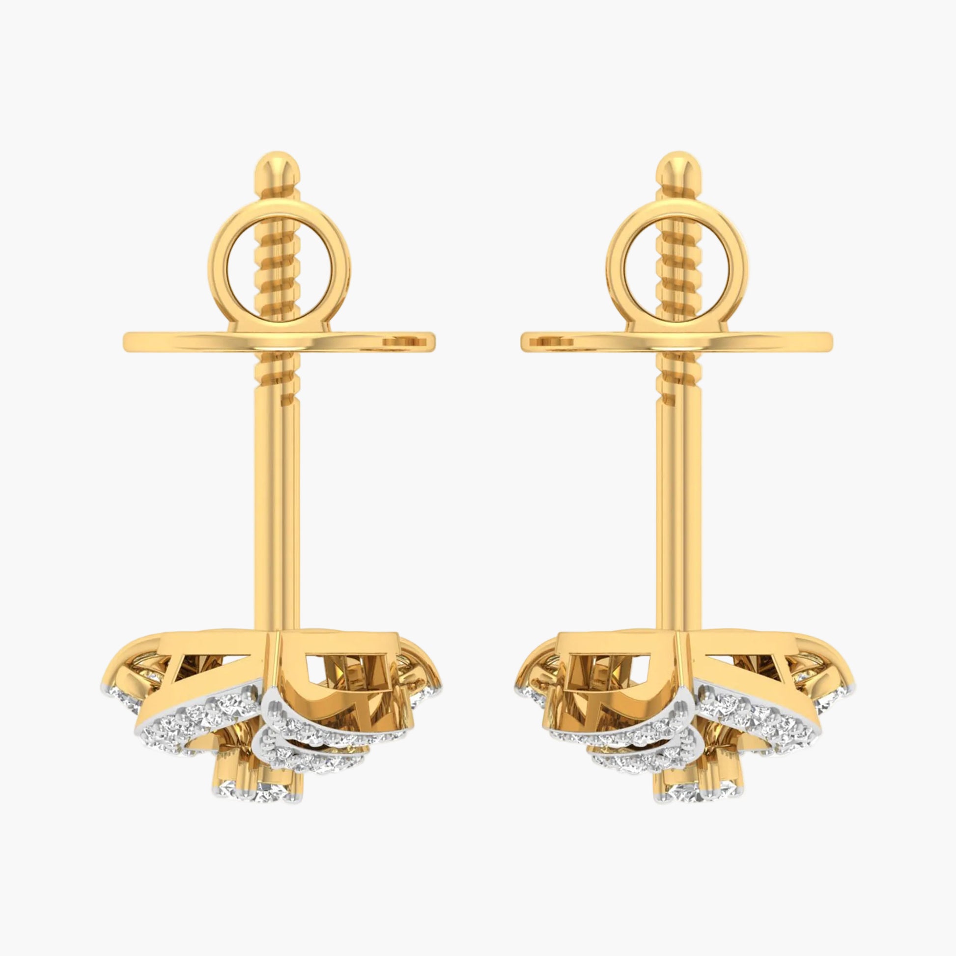 Gold anchor-shaped earrings with diamond accents on a white background