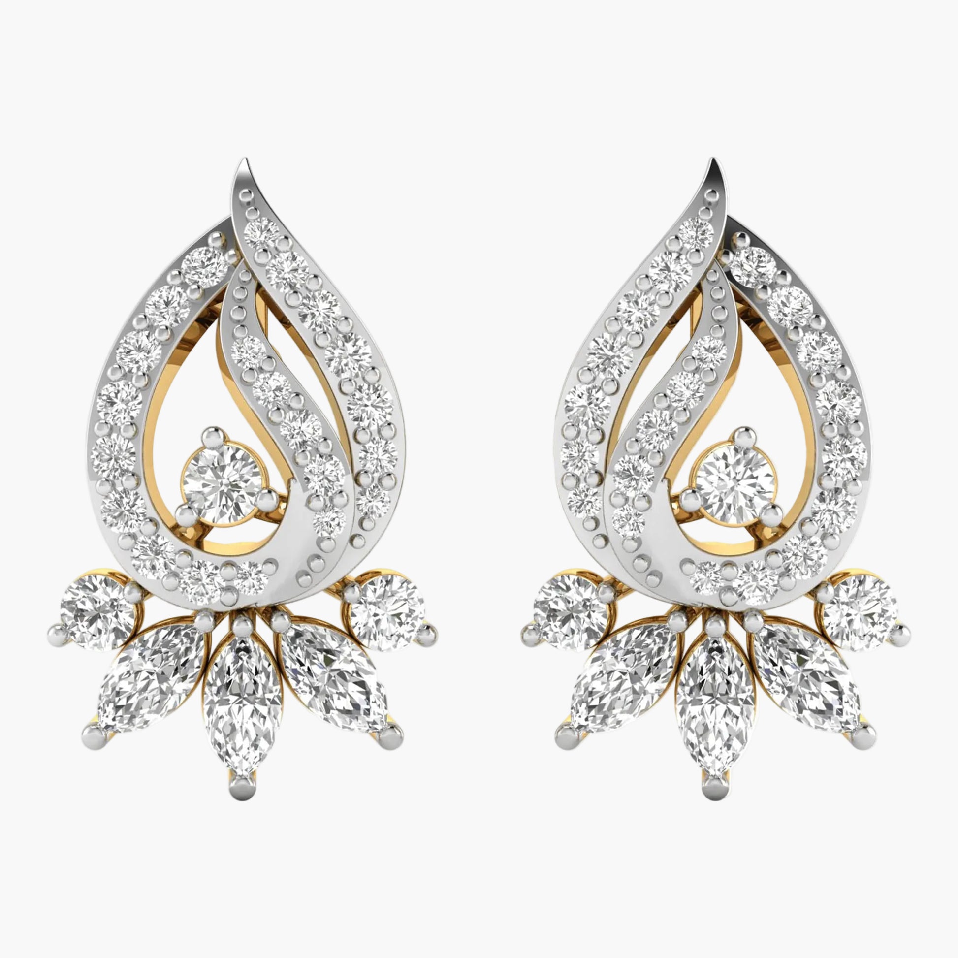 Pair of diamond earrings with gold and silver design on a white background