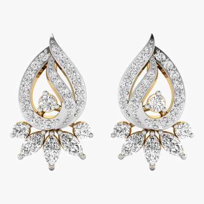 Pair of diamond earrings with gold and silver design on a white background