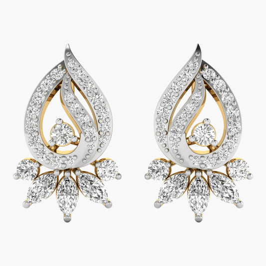 Pair of diamond earrings with gold and silver design on a white background