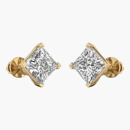 Pair of gold earrings with princess-cut diamonds on a white background