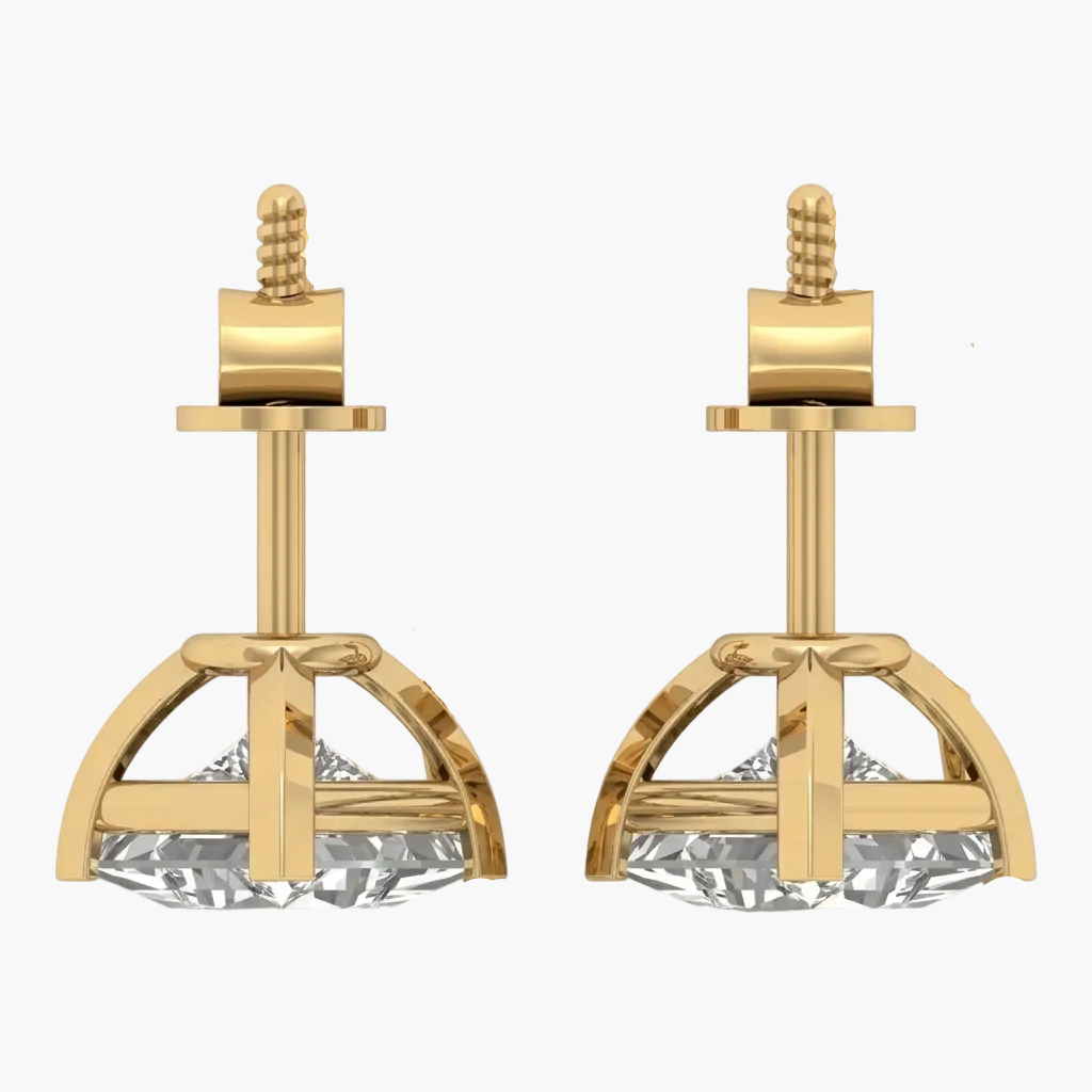Gold earrings with clear gemstones on a white background