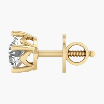 A single gold stud earring with a round-cut clear gemstone in a prong setting, shown from the side against a light gray background.