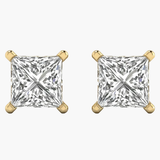 Pair of gold earrings with clear gemstones on a white background