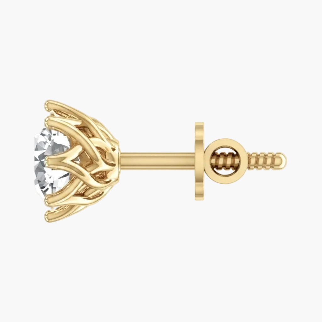 A single gold stud earring with a claw setting holding a clear round-cut gemstone, shown from the side on a plain white background.