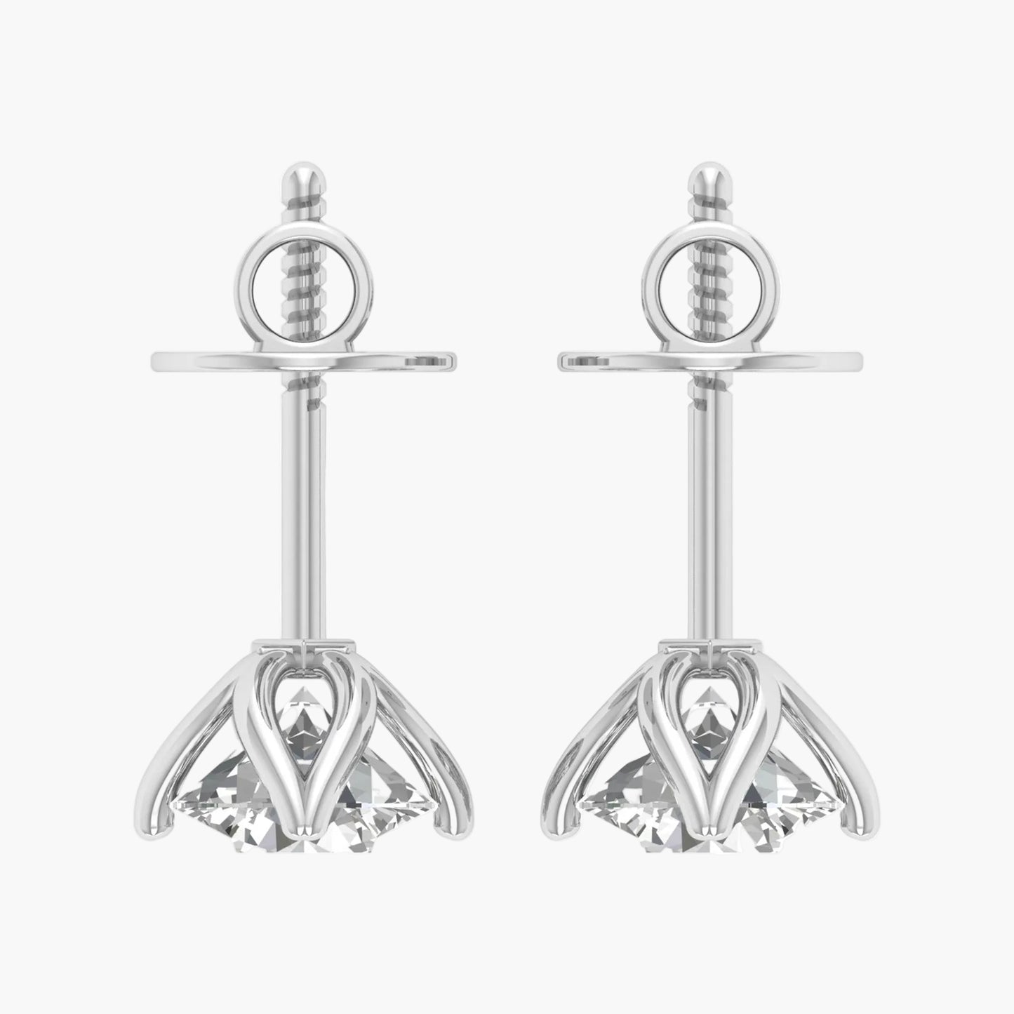 Pair of silver earrings with clear gemstones on a white background