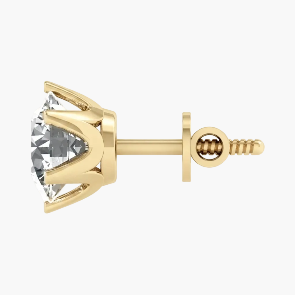A single yellow gold stud earring featuring a large, round brilliant-cut clear gemstone in a prong setting, shown from a side profile view against a plain white background.
