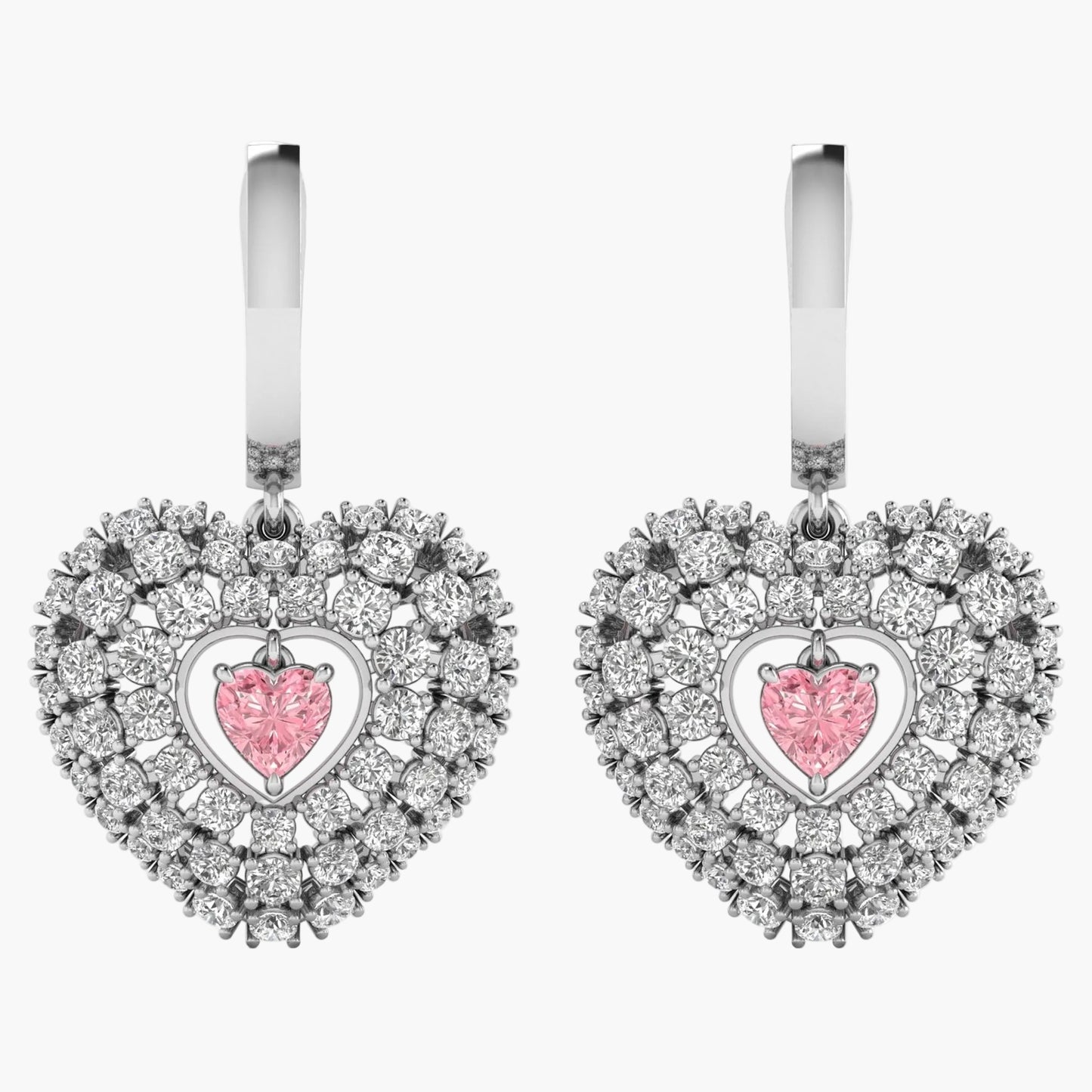 Heart-shaped earrings with pink gemstones on a white background