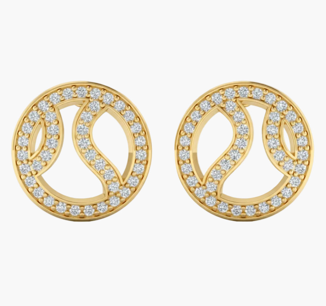 Gold earrings with diamond accents on a white background