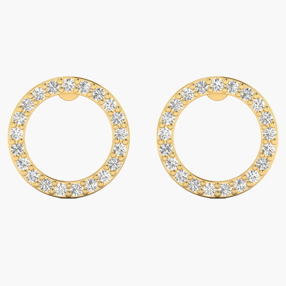 Gold hoop earrings with clear gemstones on a white background