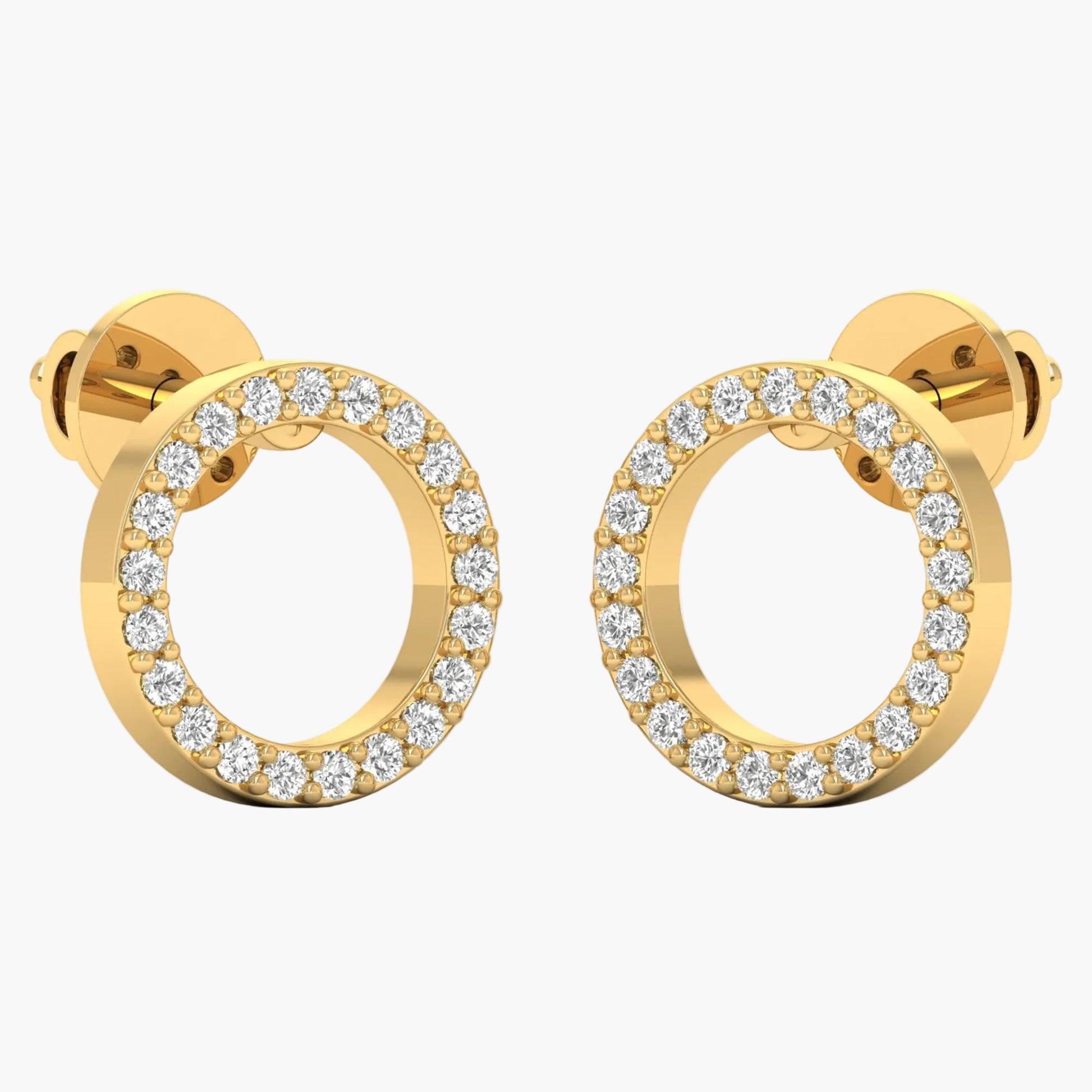 Gold hoop earrings with diamond accents on a white background