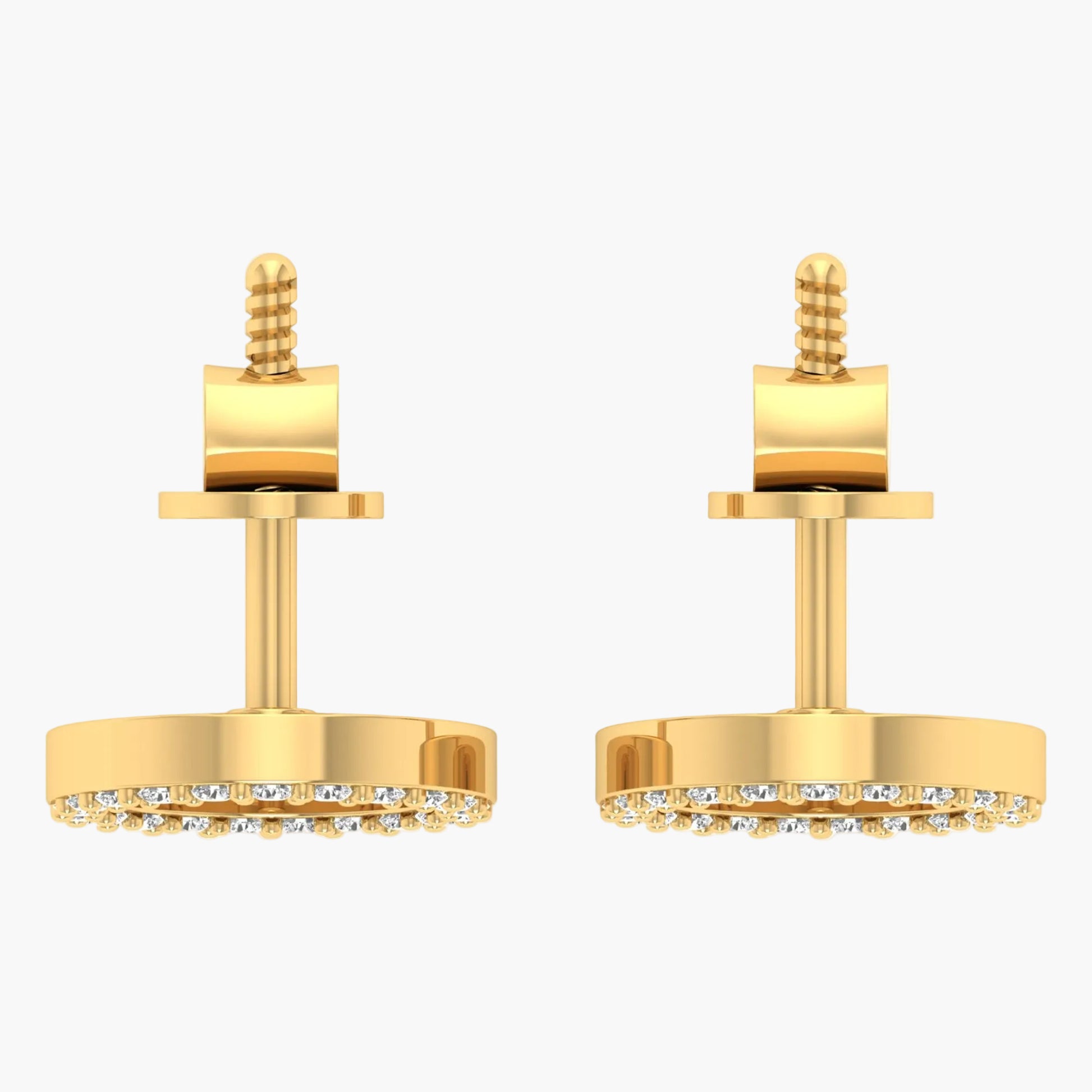 Gold earrings with diamond accents on a white background