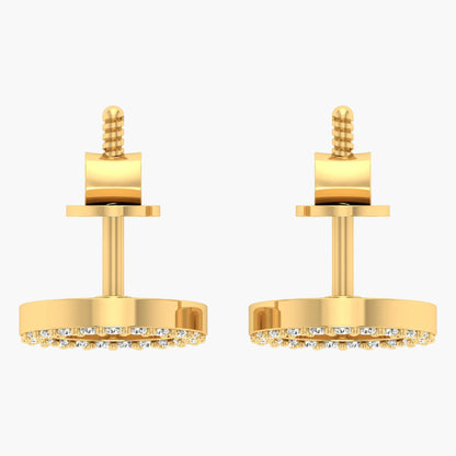 Gold earrings with diamond accents on a white background