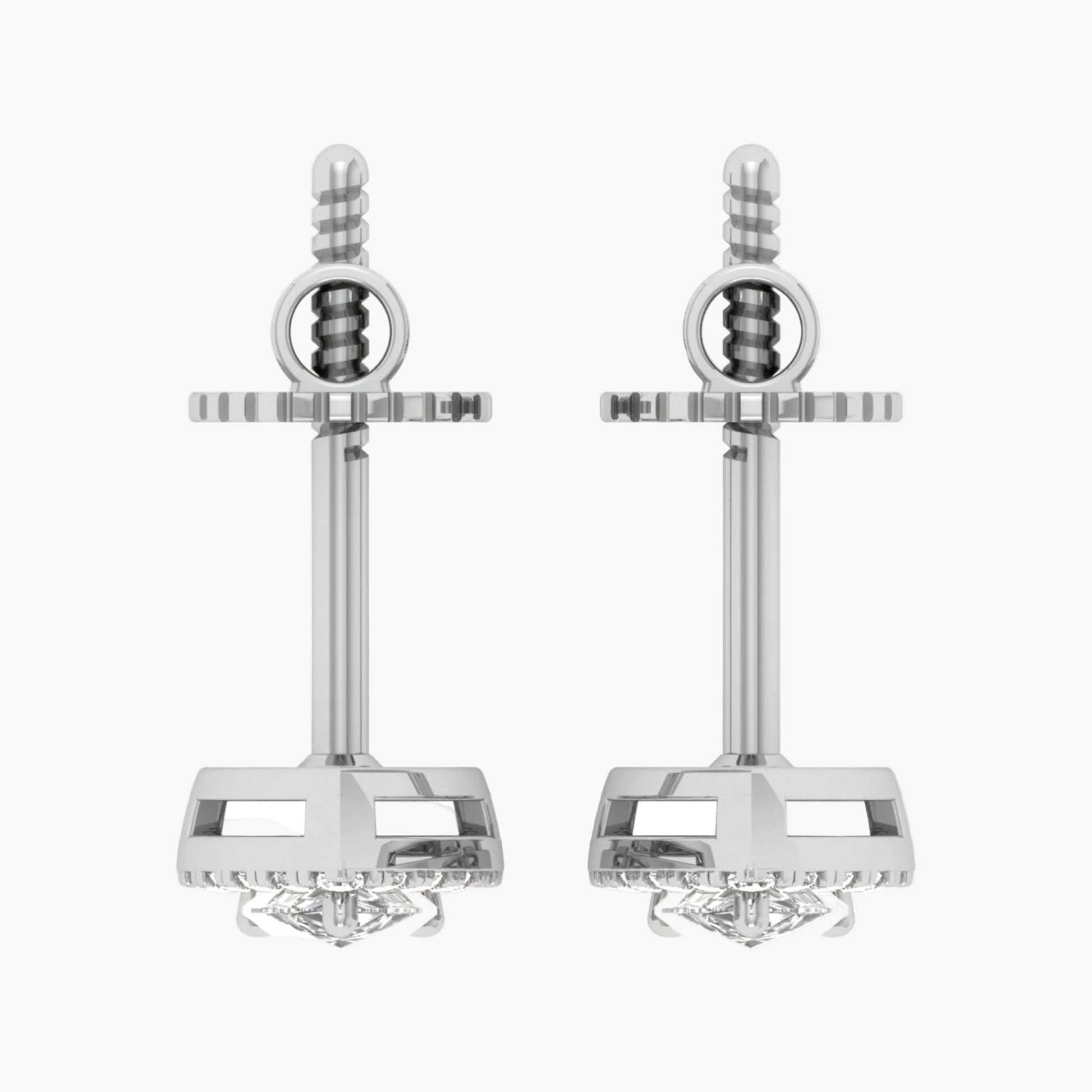 Pair of silver sword-shaped earrings on a white background with 'Green Lab' branding.