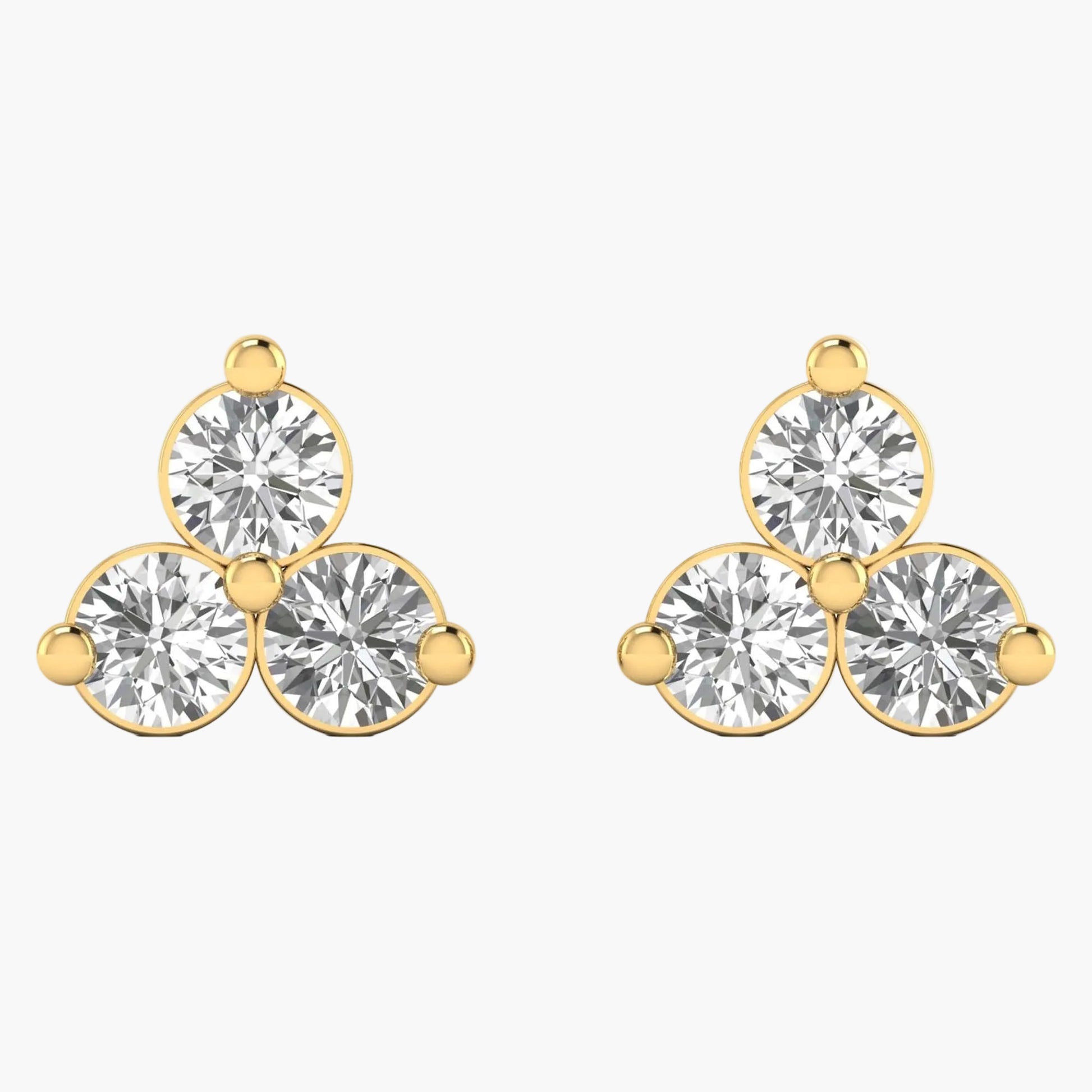 Gold earrings with clear gemstones on a white background, branded 'Green Lab'.