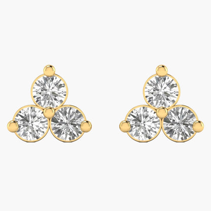 Gold earrings with clear gemstones on a white background, branded 'Green Lab'.