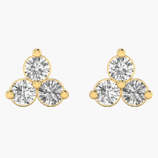 Gold earrings with clear gemstones on a white background, branded 'Green Lab'.