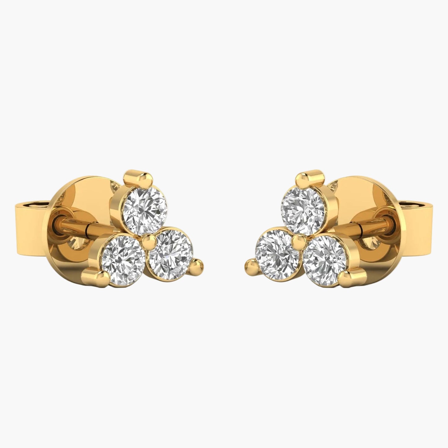 Gold earrings with four round diamonds on a white background