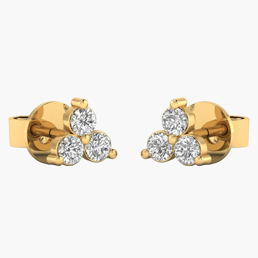 Gold earrings with four round diamonds on a white background