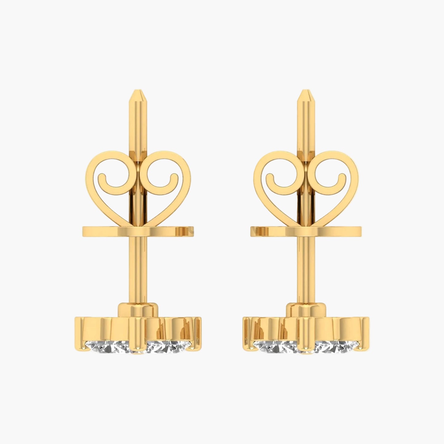 Gold earrings with decorative tops on a white background