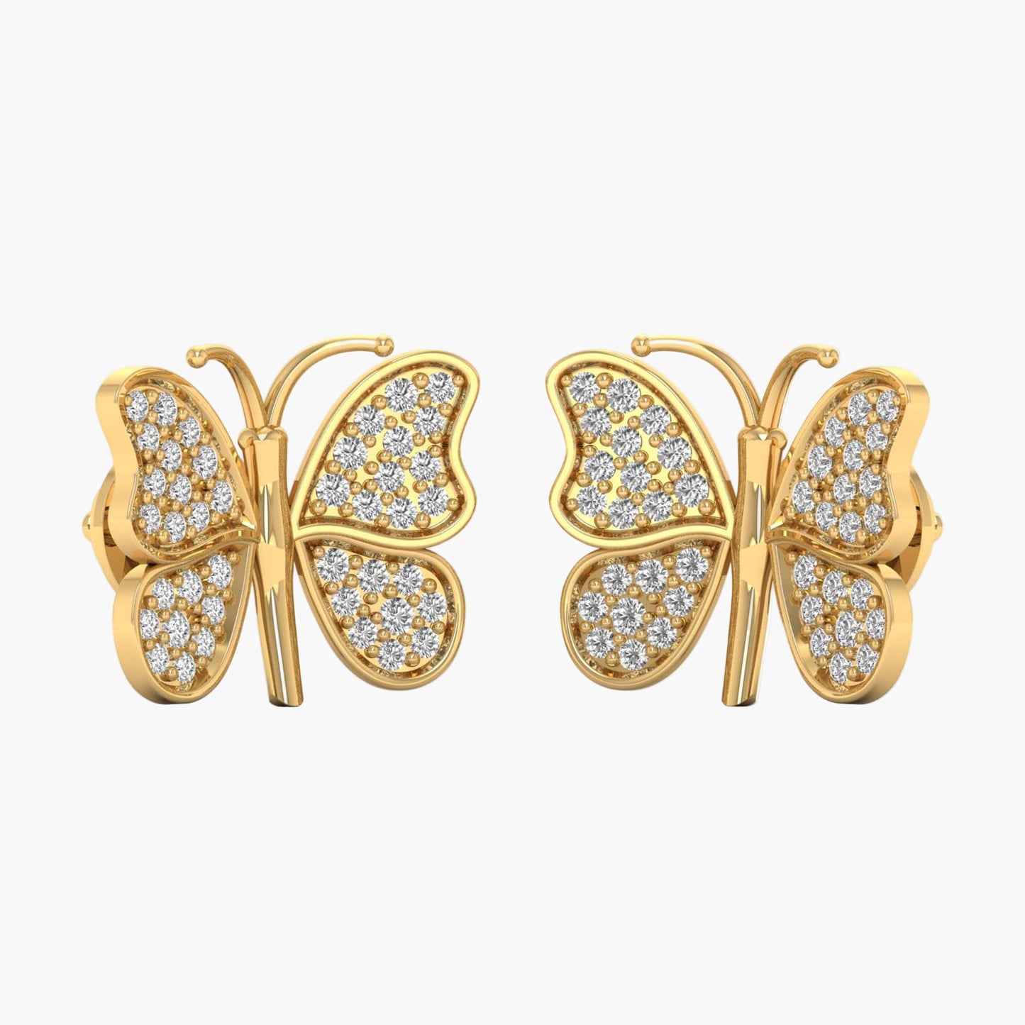 Gold butterfly earrings with diamond accents on a white background