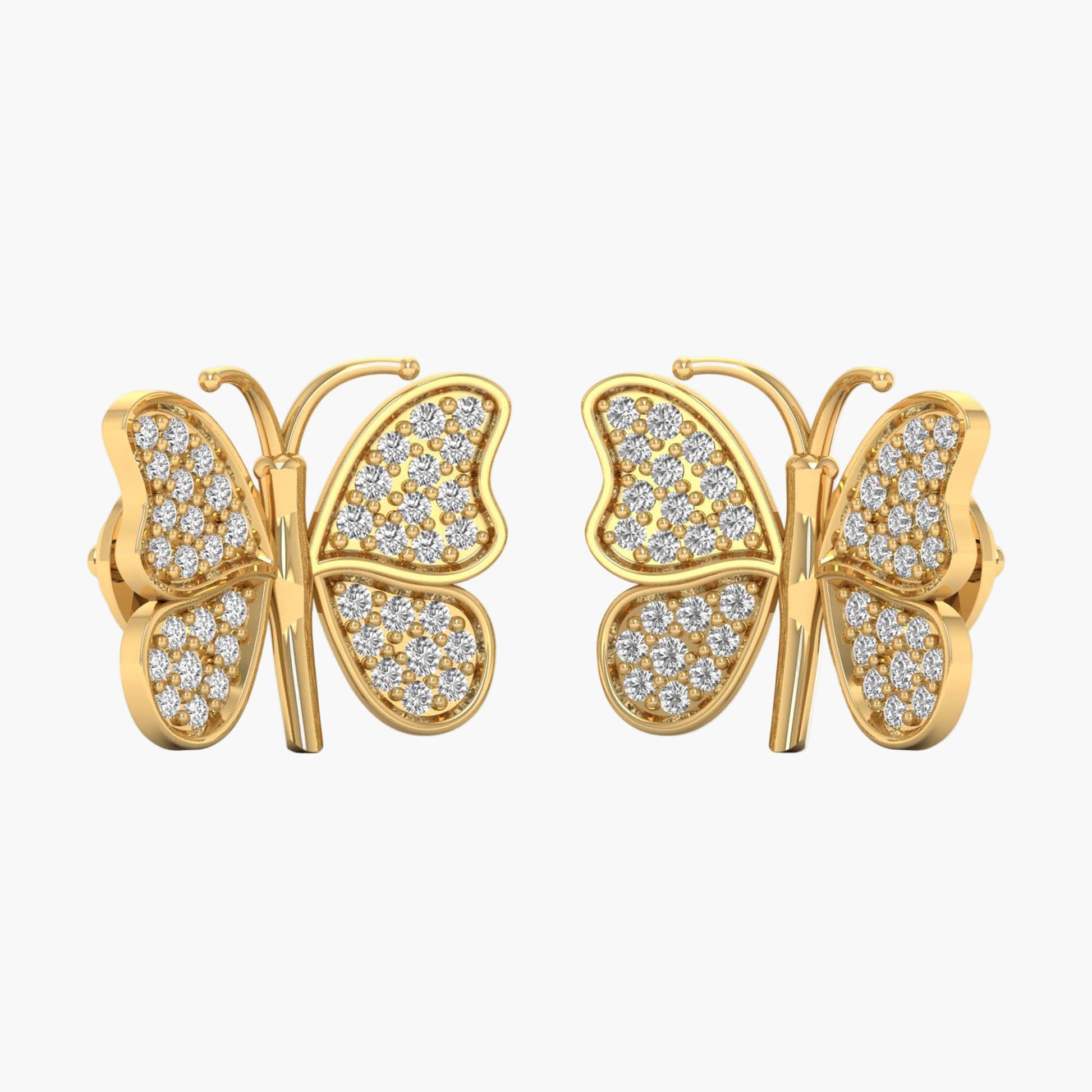 Gold butterfly earrings with diamond accents on a white background