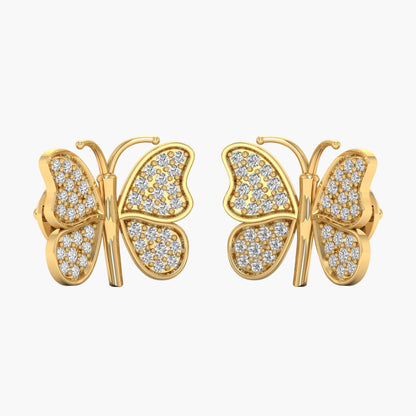 Gold butterfly earrings with diamond accents on a white background