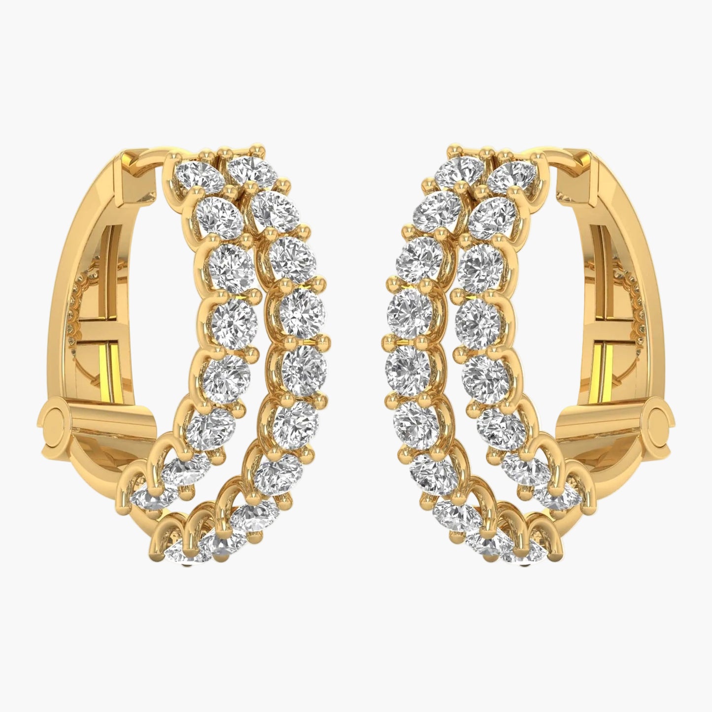 Gold hoop earrings with diamond accents on a white background