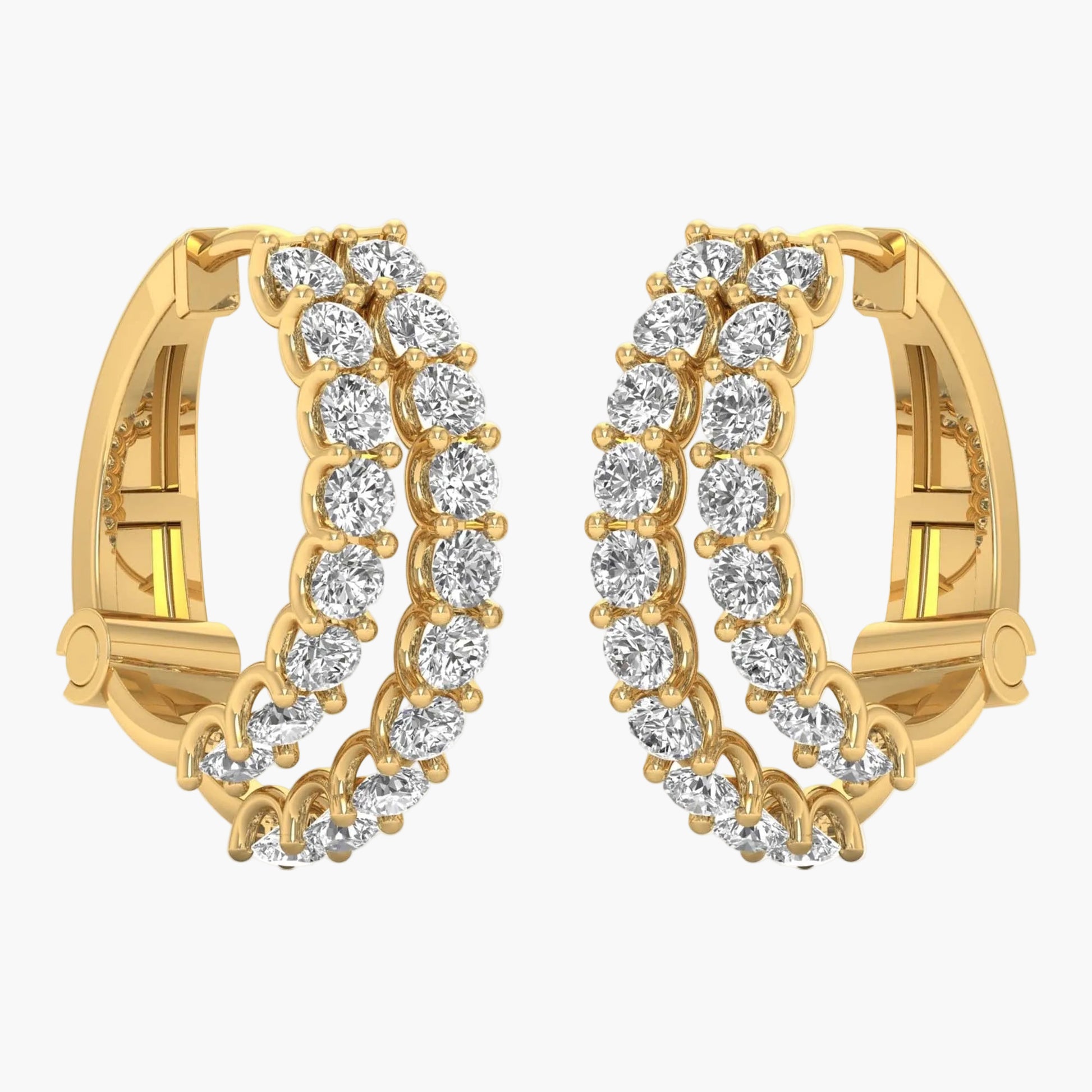 Gold hoop earrings with diamond accents on a white background