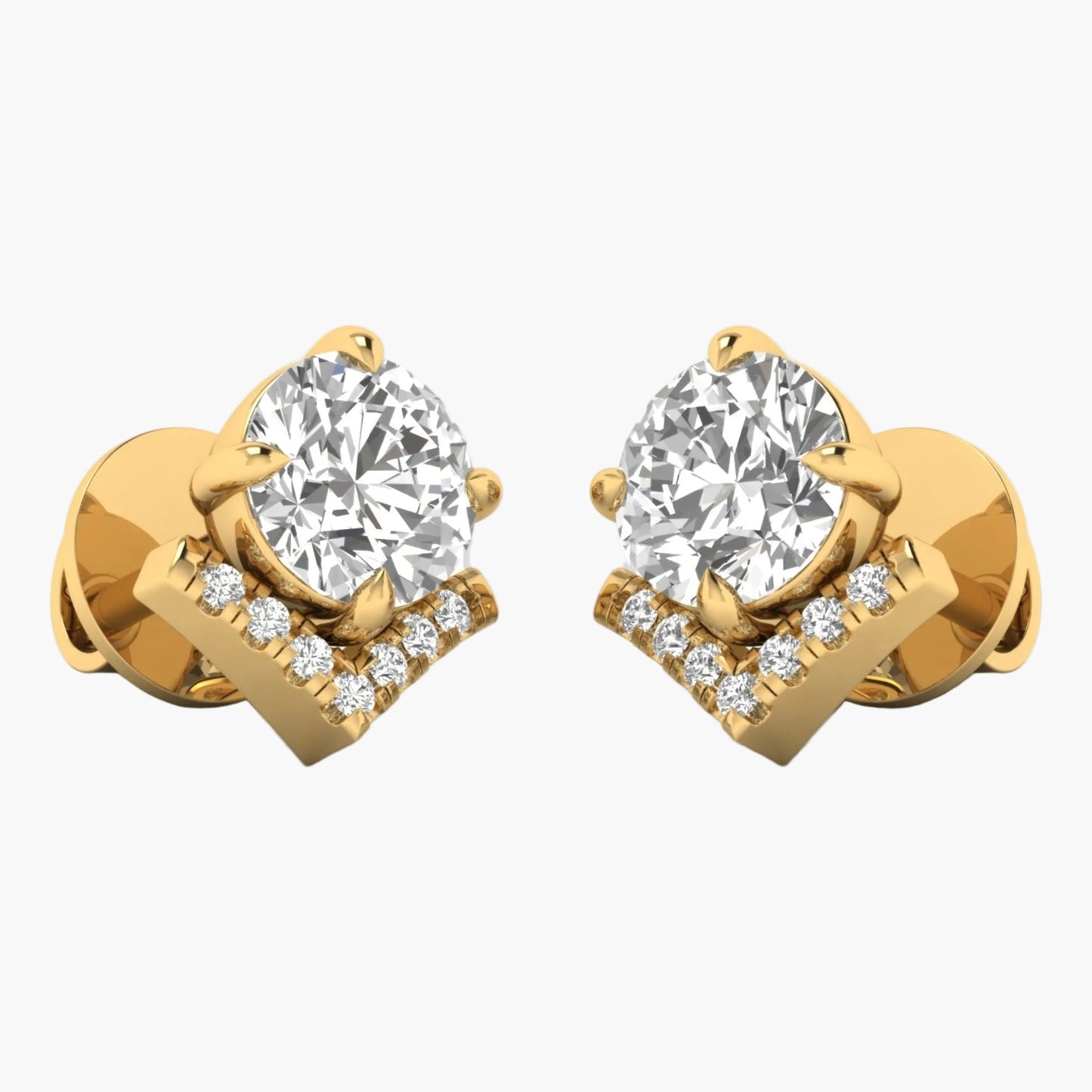 Gold earrings with large central gemstones and smaller diamonds on a white background
