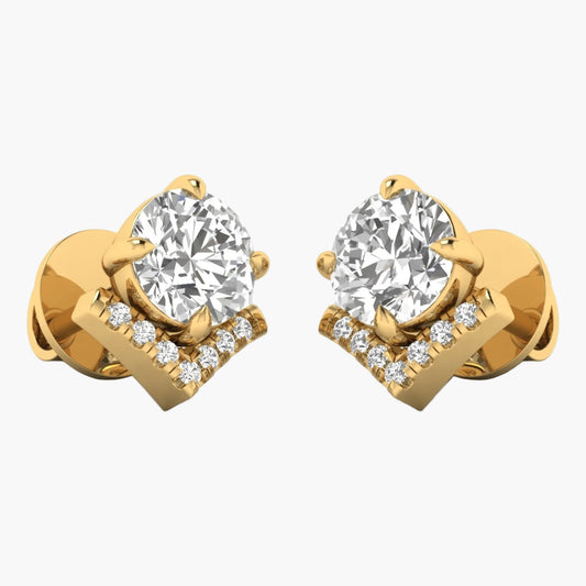 Gold earrings with large central gemstones and smaller diamonds on a white background