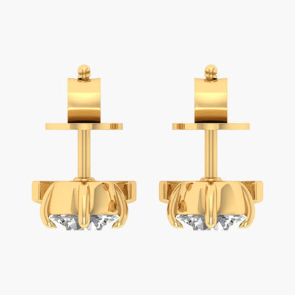 Gold earrings with clear gemstones on a white background, branded 'Green Lab'.