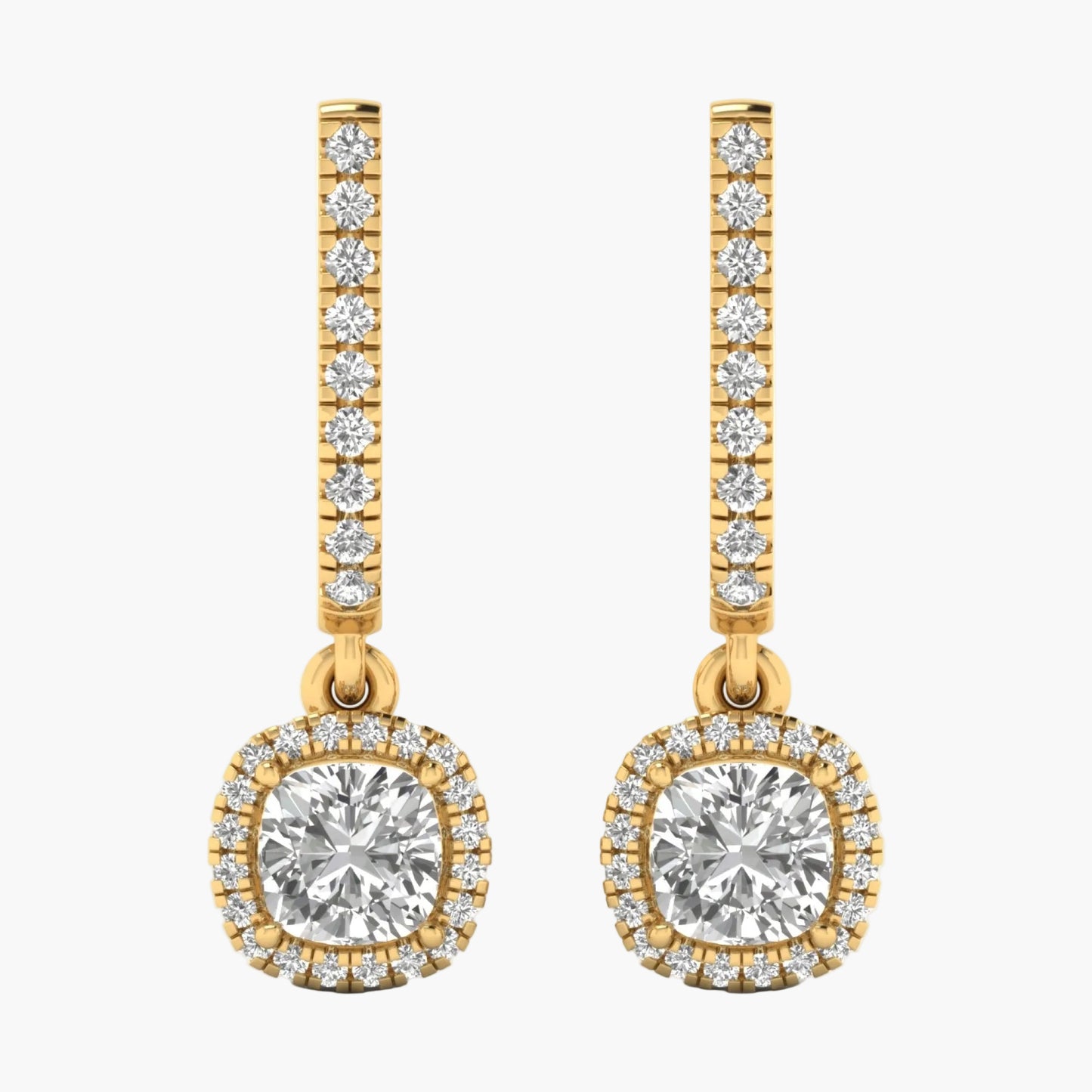 Gold earrings with clear gemstones on a white background, branded 'Green Lab'.