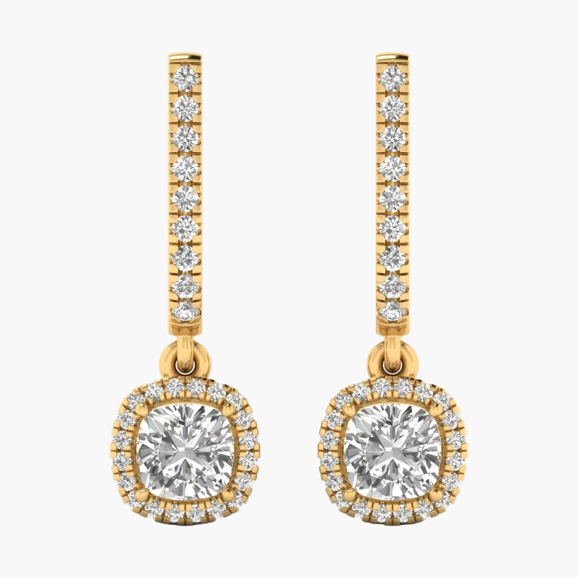 Gold earrings with clear gemstones on a white background, branded 'Green Lab'.