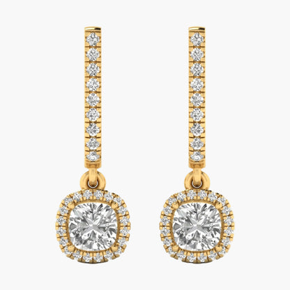 Gold earrings with clear gemstones on a white background, branded 'Green Lab'.
